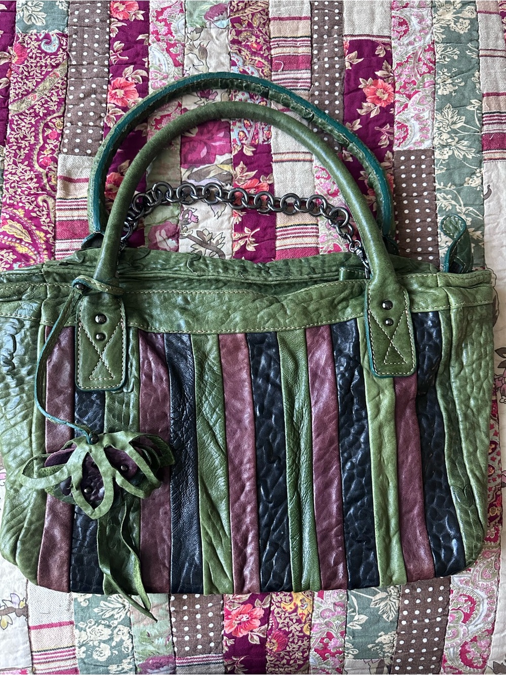 Vintage Sofia C. Striped Green Leather Tote Bag